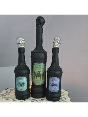 Three Black Glass Gothic Witch Tincture Potion Bottles With Skull Cork Stoppers